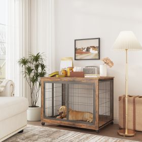 Furniture Style Dog Crate - Side Table on Wheels with Double Doors and Lift Top - Rustic Brown - 43.7'' W x 30'' D x 31.1'' H.