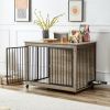 Furniture Style Dog Crate - Side Table With Rotatable Feeding Bowl, Wheels, Three Doors, Flip-Up Top Opening - Indoor -  Grey - 43.7"W x 30"D x 33.7"H