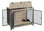 Furniture Style Dog Crate - Side Table With Rotatable Feeding Bowl, Wheels, Three Doors, Flip-Up Top Opening - Indoor -  Grey - 43.7"W x 30"D x 33.7"H