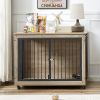 Furniture Style Dog Crate - Side Table With Rotatable Feeding Bowl, Wheels, Three Doors, Flip-Up Top Opening - Indoor -  Grey - 43.7"W x 30"D x 33.7"H