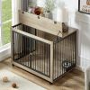 Furniture Style Dog Crate - Side Table With Rotatable Feeding Bowl, Wheels, Three Doors, Flip-Up Top Opening - Indoor -  Grey - 43.7"W x 30"D x 33.7"H