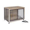 Furniture Style Dog Crate - Side Table With Rotatable Feeding Bowl, Wheels, Three Doors, Flip-Up Top Opening - Indoor -  Grey - 43.7"W x 30"D x 33.7"H