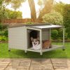 Outdoor fir wood dog house with an open roof ideal for small to medium dogs. Dog house with large terrace with clear roof.Weatherproof asphalt roof an