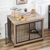 Furniture Style Dog Crate - Side Table With Rotatable Feeding Bowl, Wheels, Three Doors, Flip-Up Top Opening - Indoor -  Grey - 43.7"W x 30"D x 33.7"H