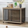 Furniture Style Dog Crate - Side Table With Rotatable Feeding Bowl, Wheels, Three Doors, Flip-Up Top Opening - Indoor -  Grey - 43.7"W x 30"D x 33.7"H