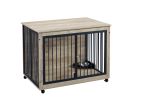 Furniture Style Dog Crate - Side Table With Rotatable Feeding Bowl, Wheels, Three Doors, Flip-Up Top Opening - Indoor -  Grey - 43.7"W x 30"D x 33.7"H